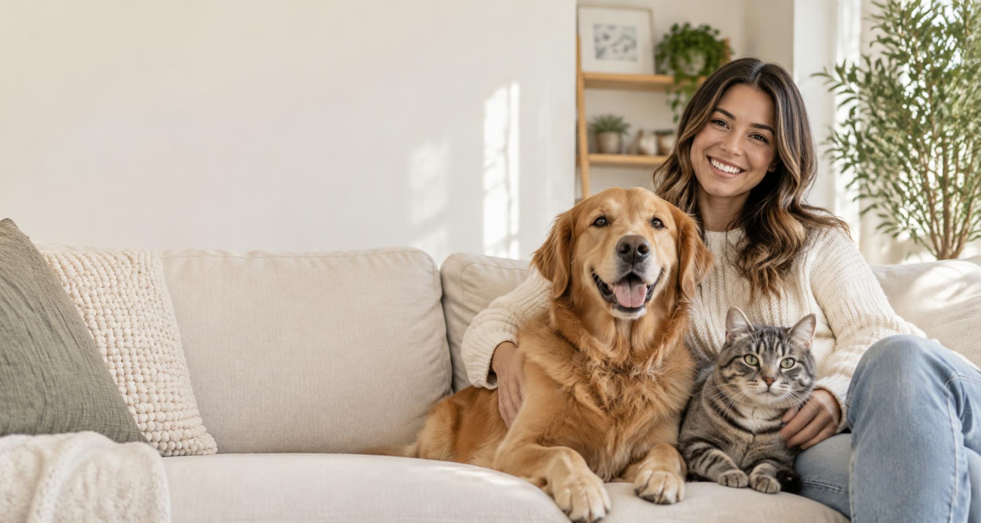 A happy dog and cat at home with their owner
